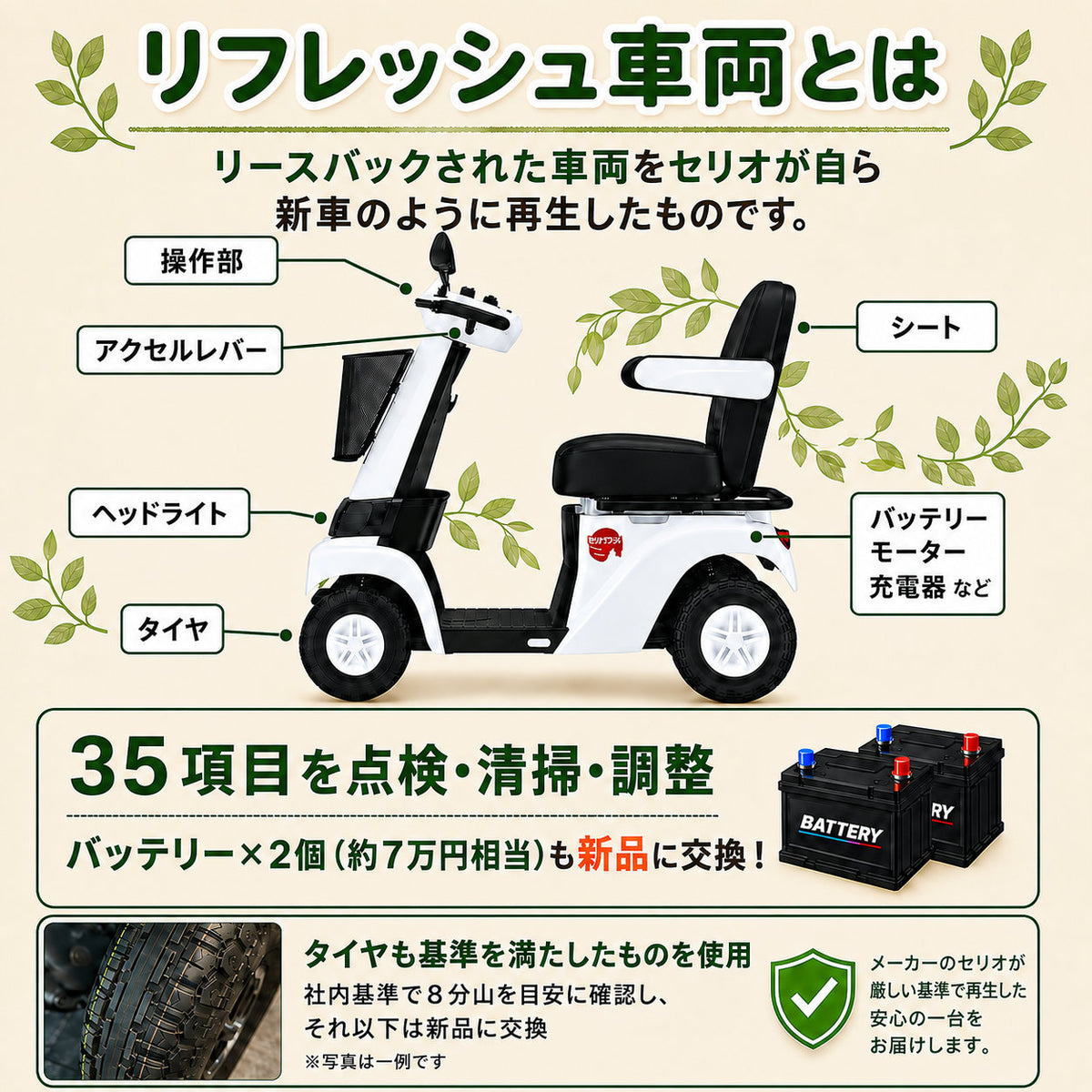 【リフレッシュカー】[電動カート]Serio遊歩フジ00020-000048｜ノーパンクホワイトマイカ非課税送料8800円込北海道・沖縄と離島別途送料
