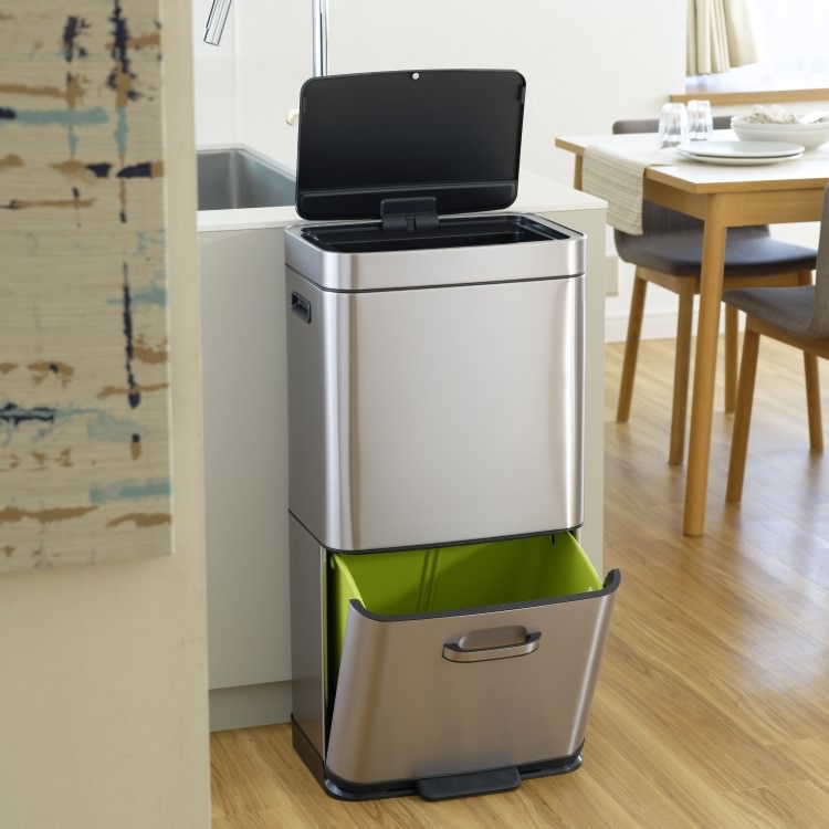 EKO(イーケーオー) ヒマラヤ センサービン35L+25L｜ゴミ箱 シルバー センサー 2段式 分別 ステンレス 大容量 EK9339X-GMT-35L+25L