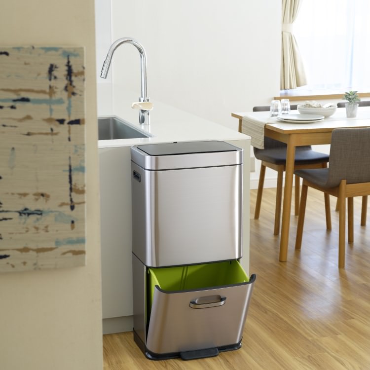 EKO(イーケーオー) ヒマラヤ センサービン35L+25L｜ゴミ箱 シルバー センサー 2段式 分別 ステンレス 大容量 EK9339X-GMT-35L+25L