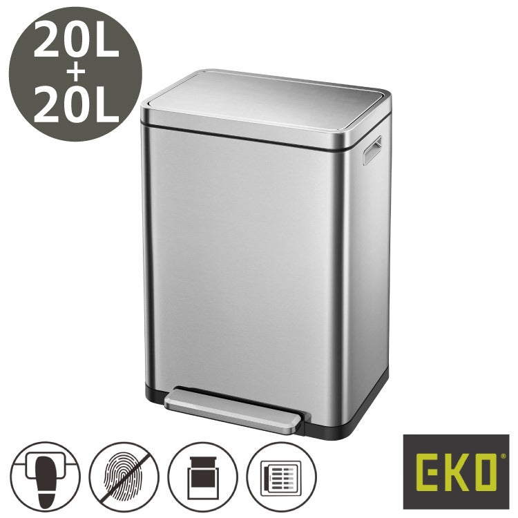 EKO(イーケーオー) Xキューブ ステップビン20L+20L｜ゴミ箱 シルバー ステップ ペダルビン ステンレス 分別 EK9368MT-20L+20L