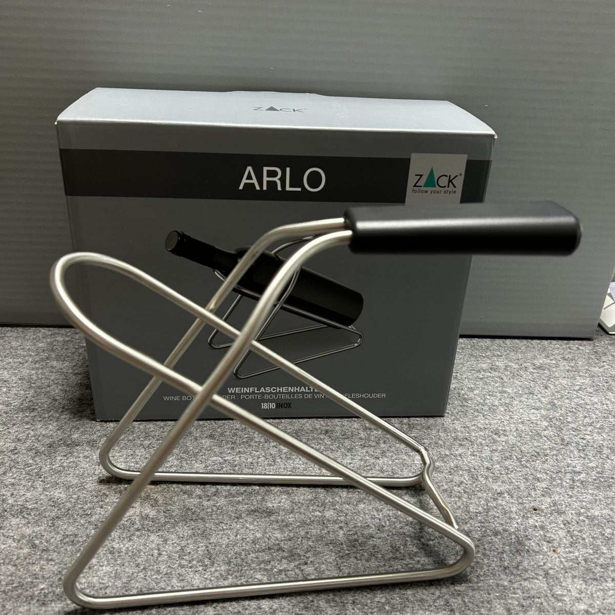 [SAMPLE] ワインボトルホルダー｜ZACK 20576 ARLO HL ワインボトルキャリー 持ち運び 高さ19cm 幅9.7cm 奥行き23.5cm 18/10ステンレス製 ヘアライン仕上げ H2-408