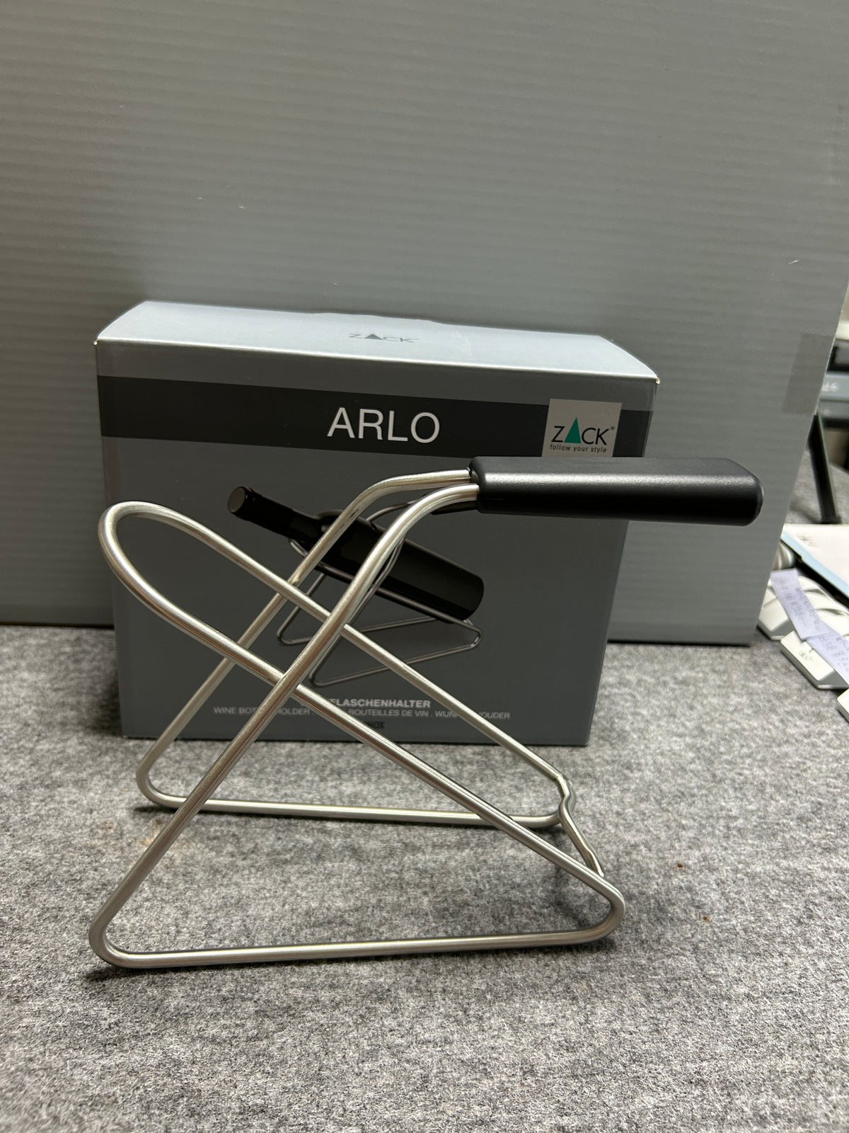 [SAMPLE] ワインボトルホルダー｜ZACK 20576 ARLO HL ワインボトルキャリー 持ち運び 高さ19cm 幅9.7cm 奥行き23.5cm 18/10ステンレス製 ヘアライン仕上げ H2-408
