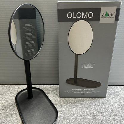 [SAMPLE] メイクアップミラー｜ZACK 40525 OLOMO MB 卓上ハンドヘルドミラー コスメティックミラー 単面鏡 等倍鏡 高さ30.2cm トレー幅22.5cm 奥行き10cm 鏡直径14.6cm 18/10ステンレス製 マットブラック