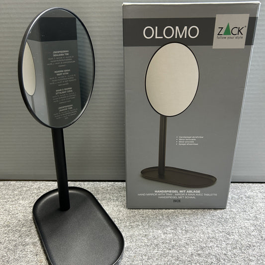 [SAMPLE] メイクアップミラー｜ZACK 40525 OLOMO MB 卓上ハンドヘルドミラー コスメティックミラー 単面鏡 等倍鏡 高さ30.2cm トレー幅22.5cm 奥行き10cm 鏡直径14.6cm 18/10ステンレス製 マットブラック