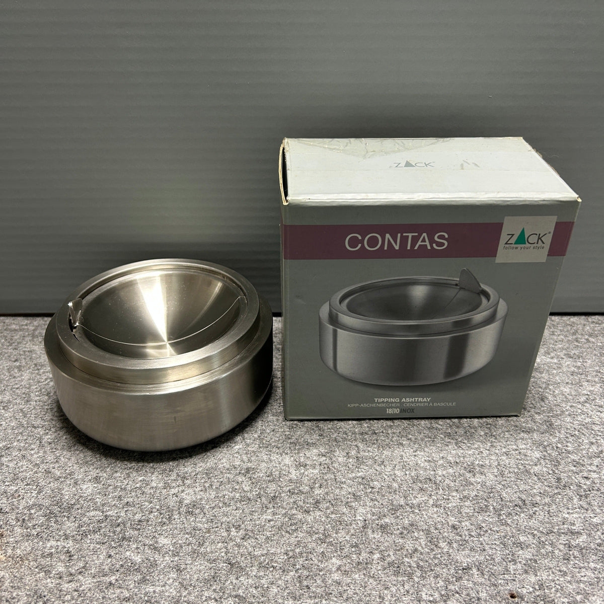 [SAMPLE] ティッピングアシュトレイ｜ZACK 50162 CONTAS HL 回転式灰皿 吸殻入れ 高さ6cm 直径13cm 18/10ステンレス製 ヘアライン仕上げ