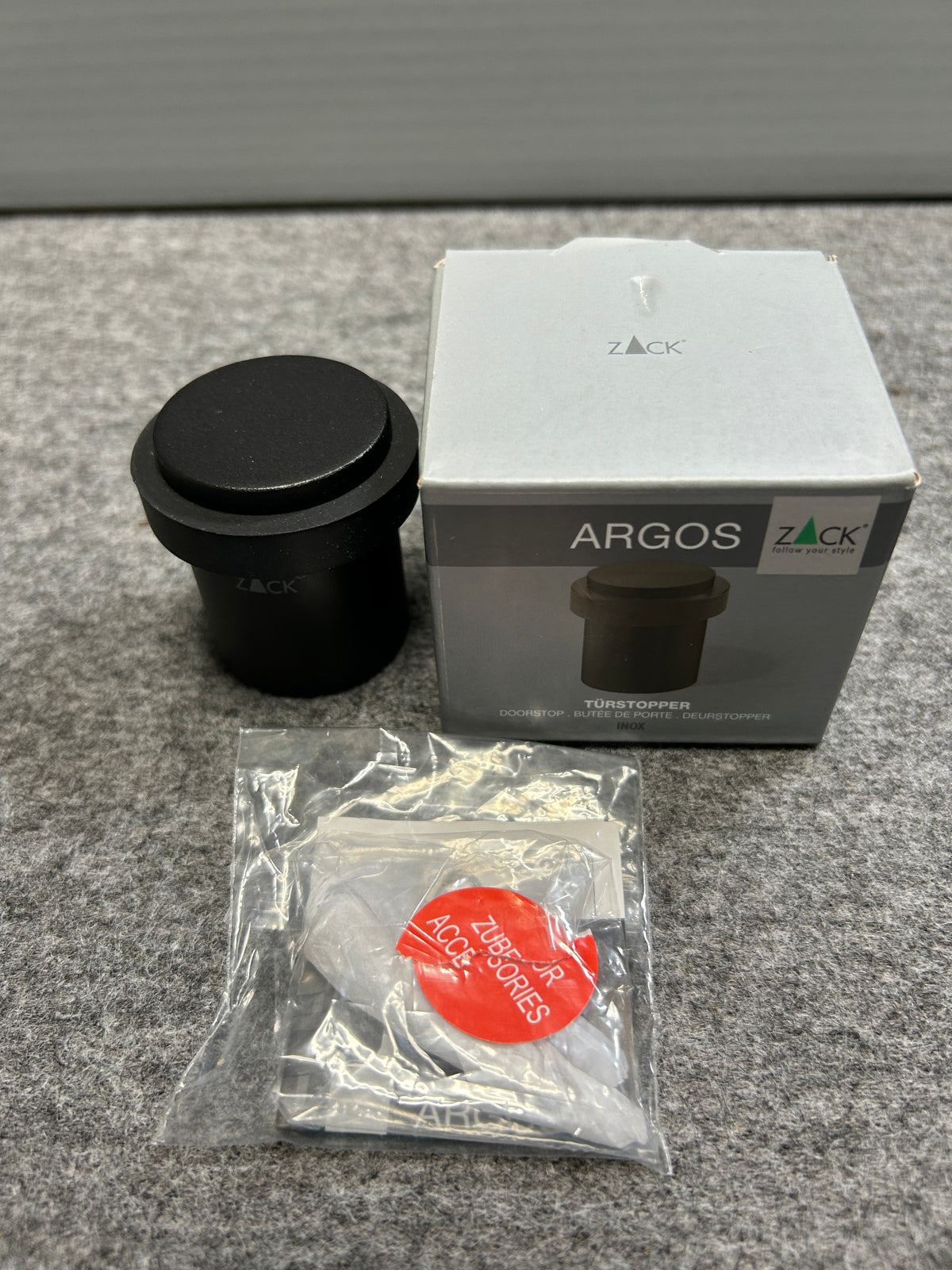 [SAMPLE] [廃番] ドアストッパー（戸当たり）｜ZACK 50633 ARGOS MB 玄関ストッパー 扉ストッパー 固定タイプ 戸当り 床付 直径5cm 高さ5cm 18/10ステンレス製 マットブラック