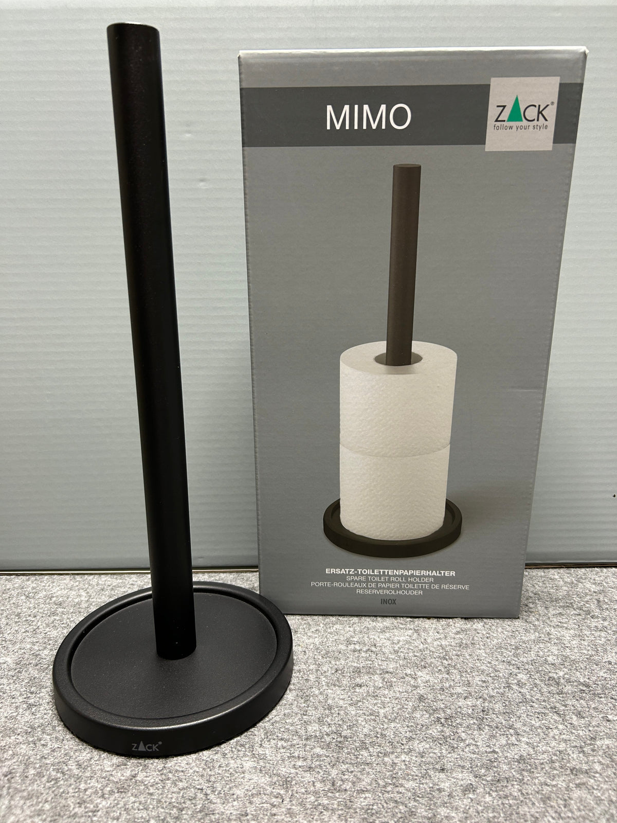 [SAMPLE] スペアトイレットペーパーホルダー｜ZACK 40286 MIMO MB ペーパーストッカー ペーパースタンド 高さ37cm ベース直径15cm 18/10ステンレス製 マットブラック [在庫有り]