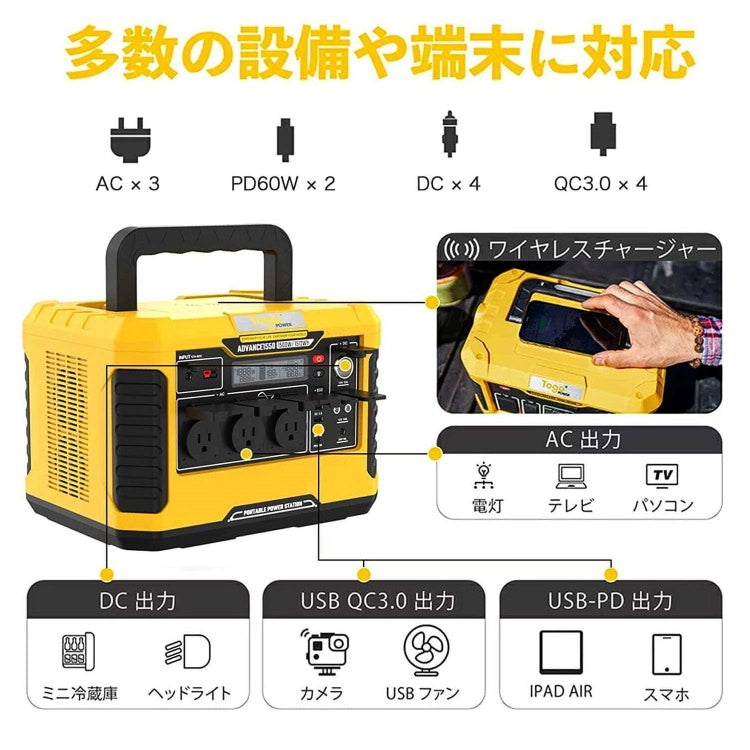 ポータブル電源 ポータブルバッテリー ADVANCE1550 TO GO POWER｜1512Wh/1500W 超大容量！ 高出力 BMS LED付き ハンディ コンパクト 停電対策 防災用に 災害時に 車中泊 アウトドア キャンプ [メーカー在庫あり]