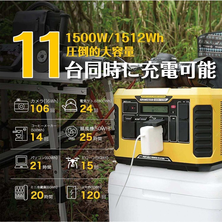 ポータブル電源 ポータブルバッテリー ADVANCE1550 TO GO POWER｜1512Wh/1500W 超大容量！ 高出力 BMS LED付き ハンディ コンパクト 停電対策 防災用に 災害時に 車中泊 アウトドア キャンプ [メーカー在庫あり]