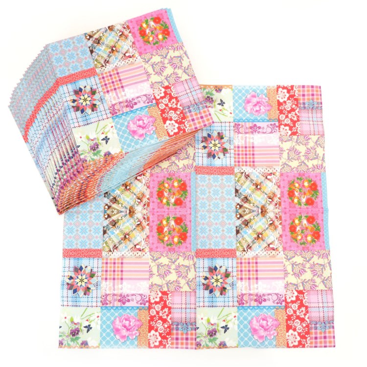 ランチナプキン(20枚入)33×33cm PAPER+DESIGN パッチワーク模様 ピンク×ブルー PDLN0864