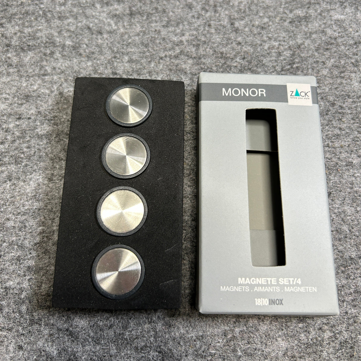 [SAMPLE] マグネットS 4個セット｜ZACK 30768 MONOR HL キッチンマグネット オフィス用マグネット ネオジム磁石 直径2cm 高さ1.1cm 18/10ステンレス製 ヘアライン仕上げ H2-3031