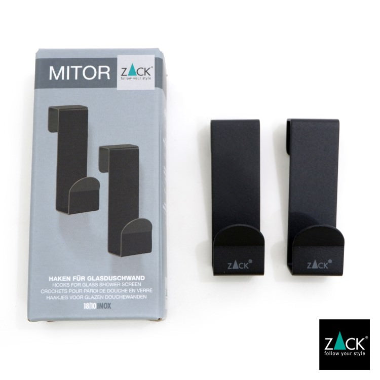 ZACK 40124 MITOR ドイツZACK社製モダンデザインのガラス用シャワーフック マットブラック 2個入 [在庫有り]