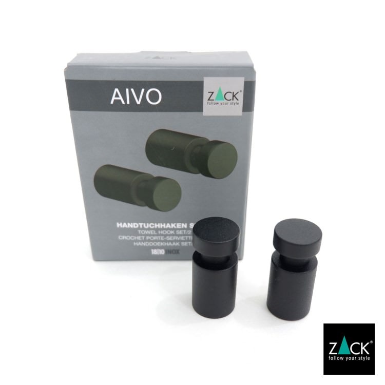 ZACK 40445 AIVO ドイツZACK社製モダンデザインのタオルフックM マットブラック 2個セット 壁付けタイプ DIY [在庫有り]