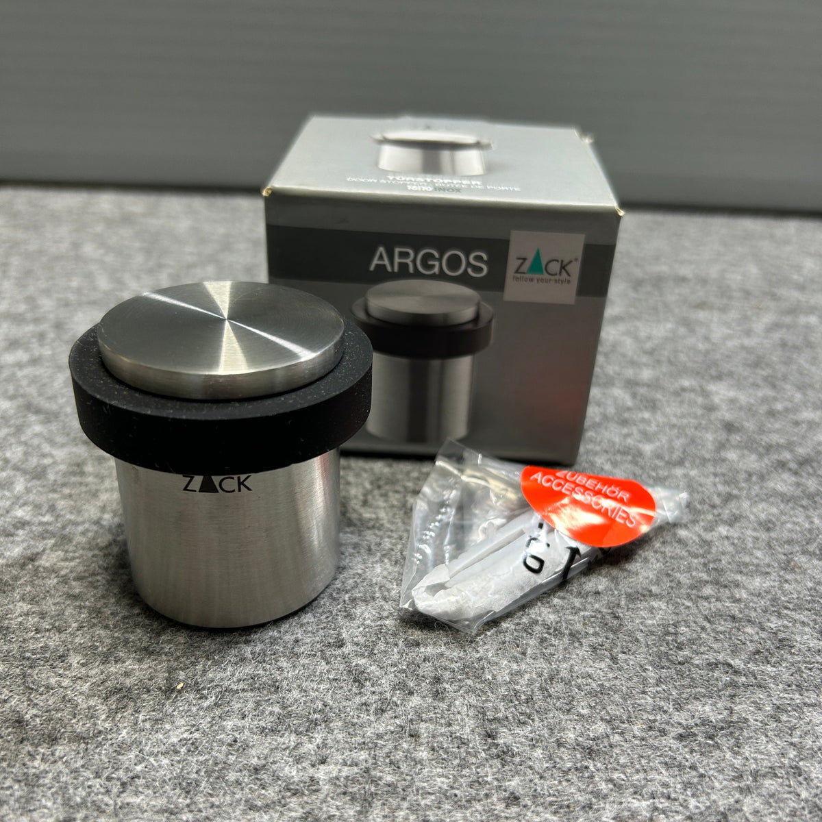 [SAMPLE] ドアストッパー｜ZACK 50617 ARGOS HL 玄関ストッパー 扉ストッパー 固定タイプ 戸当り 床付 直径5cm 高さ5cm 18/10ステンレス製 ヘアライン仕上げ [在庫有り]