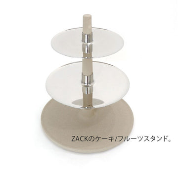 ZACK 30632：銀色の皿と明るい色の台座があるケーキスタンド：大小2枚の銀色の皿と明るい台座を縦の軸でつないだ全体