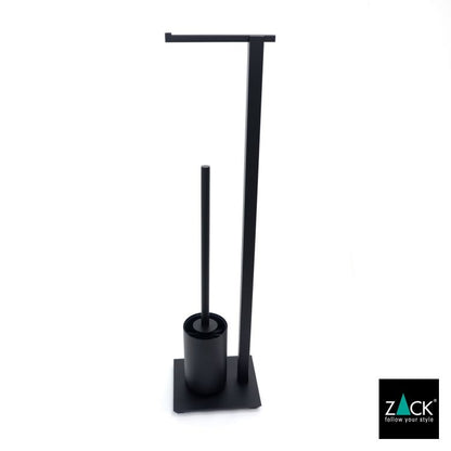 ZACK 40508：黒いトイレットペーパースタンド：ロール紙を掛けずブラシを収めた正面全体