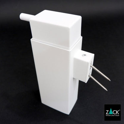 ZACK 40840：白い壁付けリキッドディスペンサー：白い本体と壁取付部から伸びる長いねじ